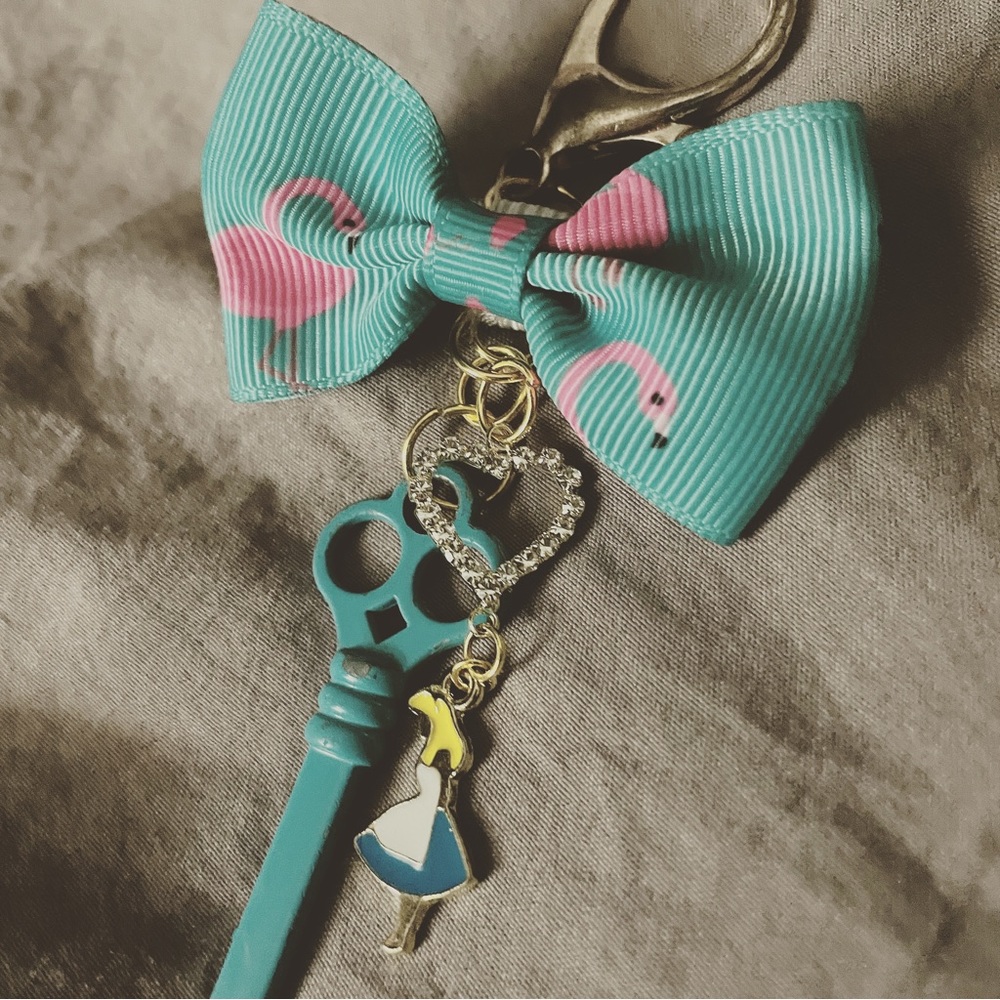 Alice in wonderland hand crafted keychain bow tie and key
